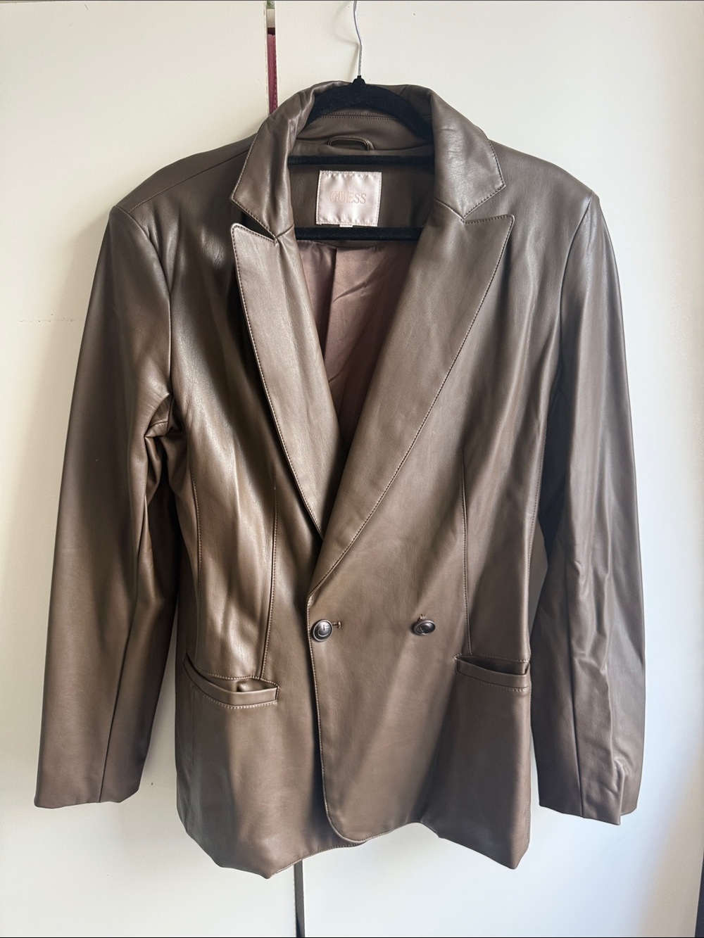 Guess Double-Breasted Leather Blazer in Brown